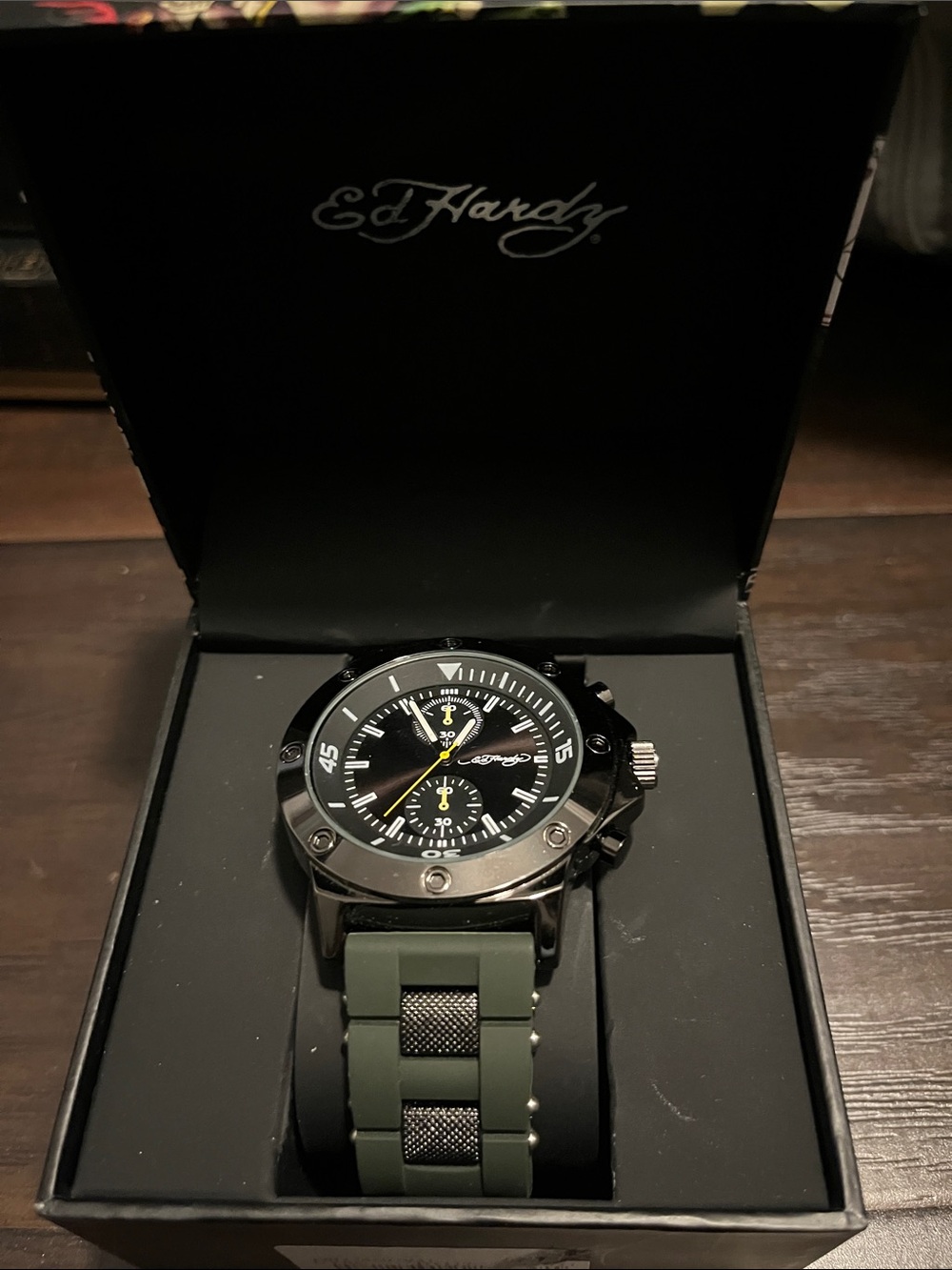 Ed Hardy Men's Black Dial Watch with Green Strap